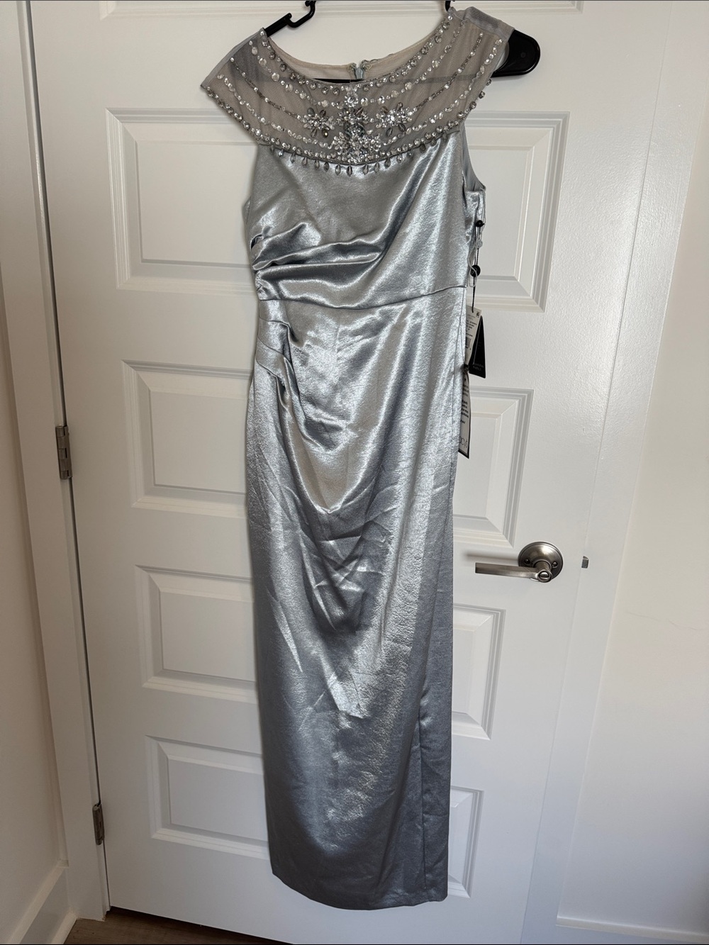 Adrianna Papell Silver Beaded Illusion Neck Gown